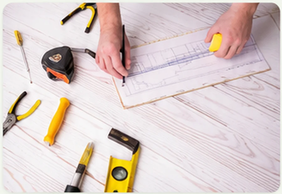 Building plans, measuring tools and trade equipment for Bannister Building Services project planning