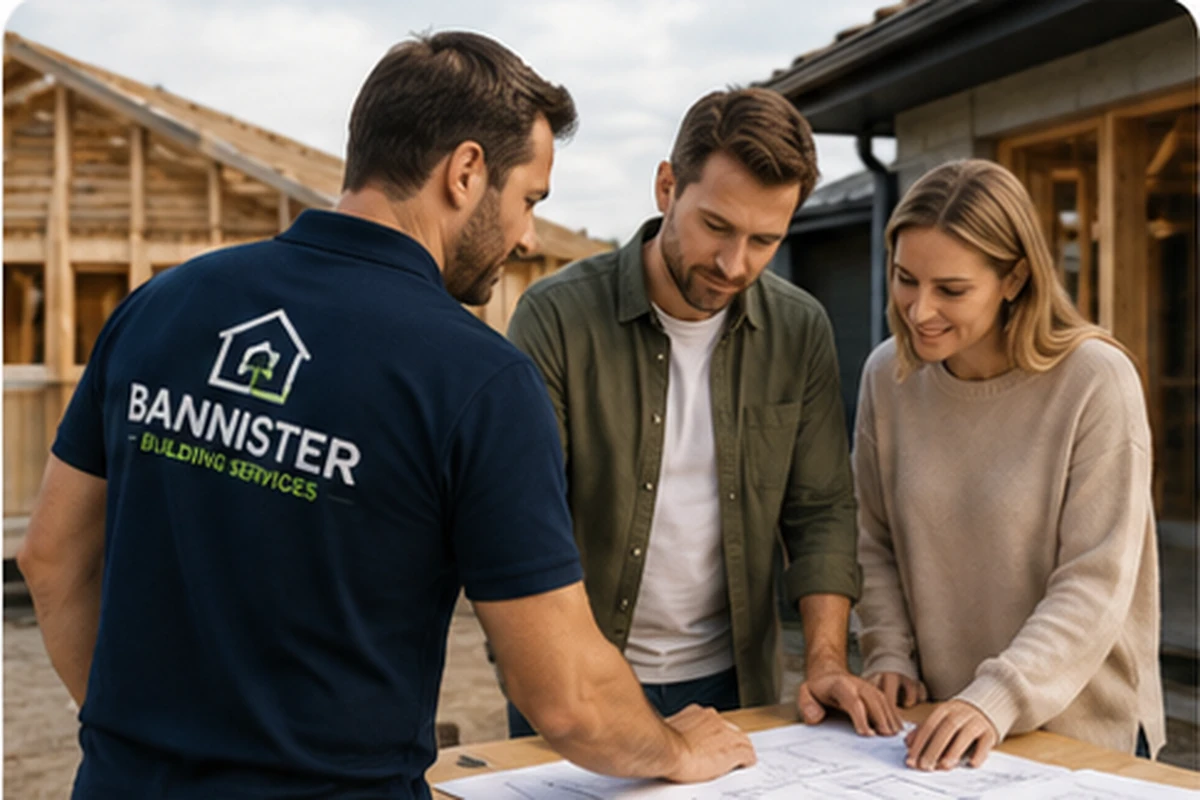 Bannister Building Services contractor discussing property maintenance plans with Australian homeowners